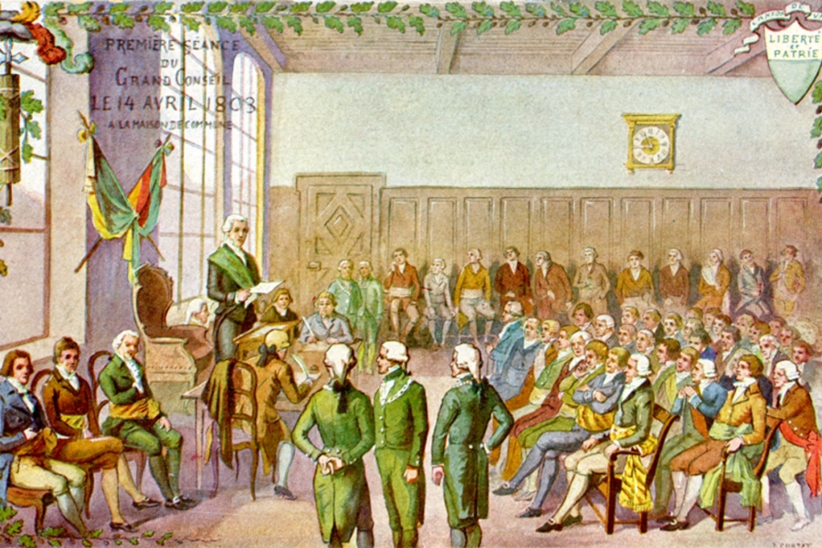 La première séance du Grand Conseil vaudois, le 14 avril 1803 à l&#039;Hôtel de Ville de Lausanne (alors appelé &quot;Maison de Commune&quot;.)